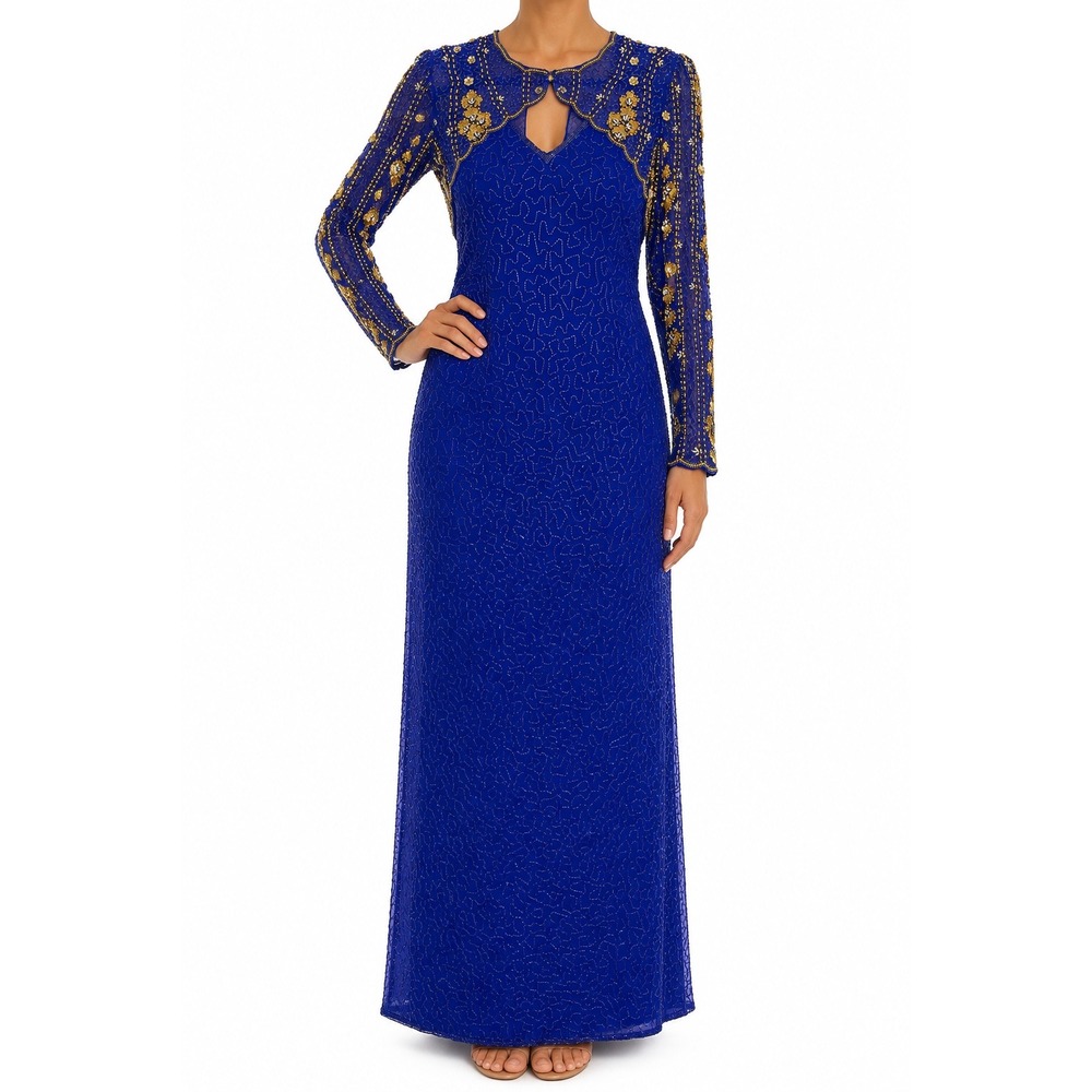 Laurence Kazar Royal Blue Beaded Silk Gown Gold Floral Sequin Maxi Dress Medium